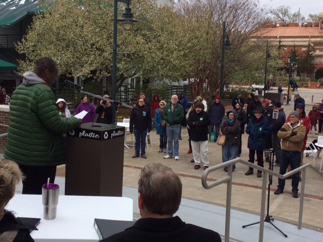 The U of A Living Wage Rally on April 7, 2018, had a compact but sturdy audience at the Fayetteville Town Center plaza. It was 29 degrees and had snowed earlier in the morning. Photo Bret Schulte