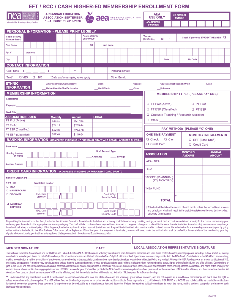 2020 Membership Form of Local 965 of the AEA/NEA
