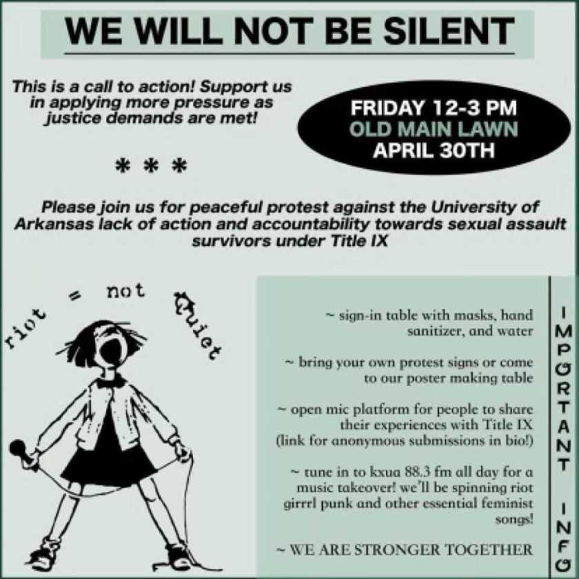 Flyer for April 30, 2021, campus rally over sexual assault policies and actions
