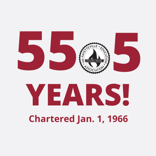 Graphic showing 55.5 years the Local has represented University of Arkansas employees, having been chartered on Jan. 1, 1966