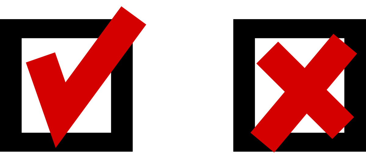 Illustration of boxes with a check mark and a cross sign