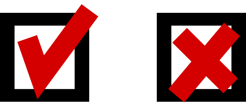 Illustration of boxes with a check mark and a cross sign