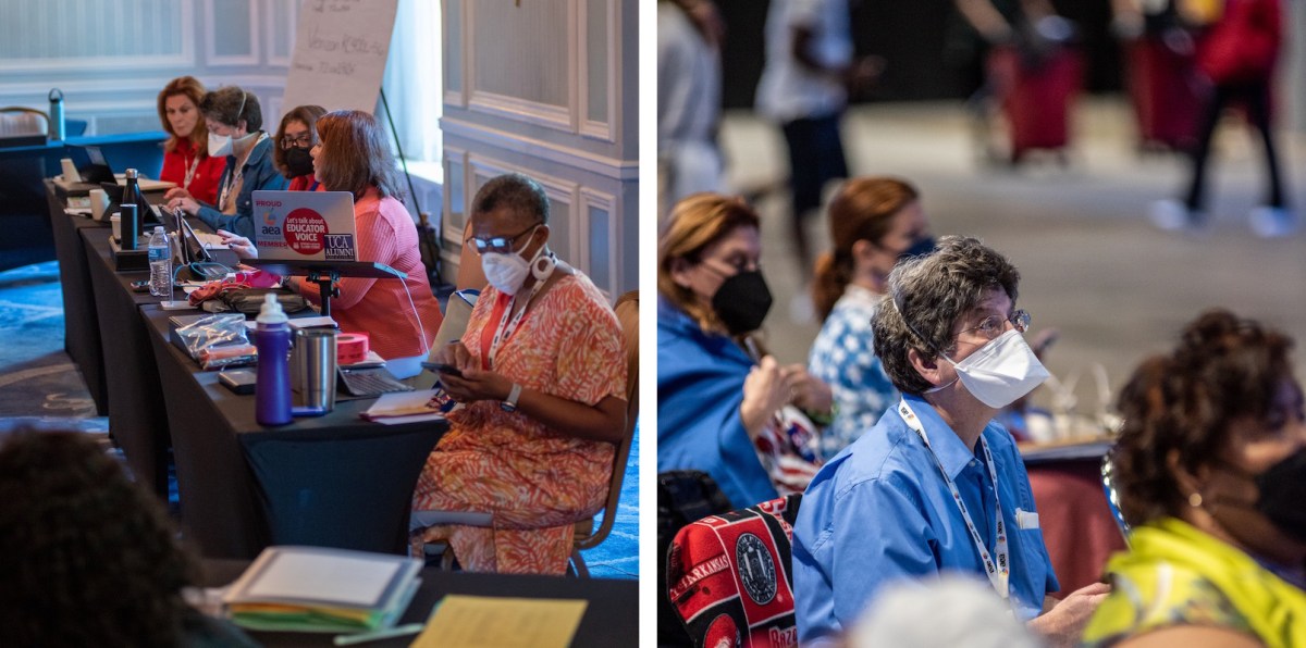 Ben Pollock of UA-Fayetteville Education Association / Local 965 takes the minutes July 3, 2022, (left) of the morning Arkansas caucus meeting July 3, 2022, at Chicago's Drake Hotel. At right, Pollock listens to debate July 4, 2022, at the NEA Representative Assembly at Chicago's McCormick Place convention complex.