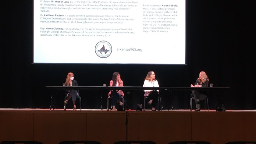 Jill Lens, Nicole Clowney, Kathleen Paulson consider a question posed by Karen Sebold in the discussion "The Fight for the Future of Reproductive Health at the University of Arkansas."