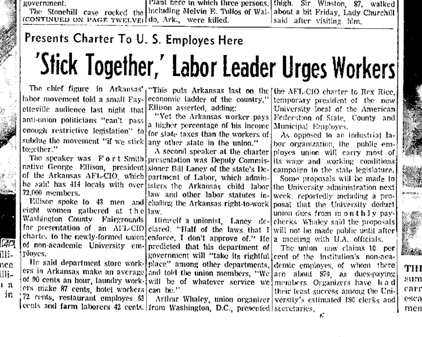 Image of front-page article "'Stick Together,' Labor Leader Urges Workers; Presents Charter to U. S. Employes Here" from the Northwest Arkansas Times on Saturday, Aug. 4, 1962