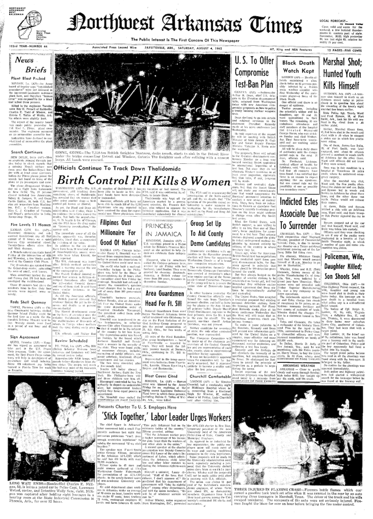 Image of the front page of the Northwest Arkansas Times for Saturday, Aug. 4, 1962