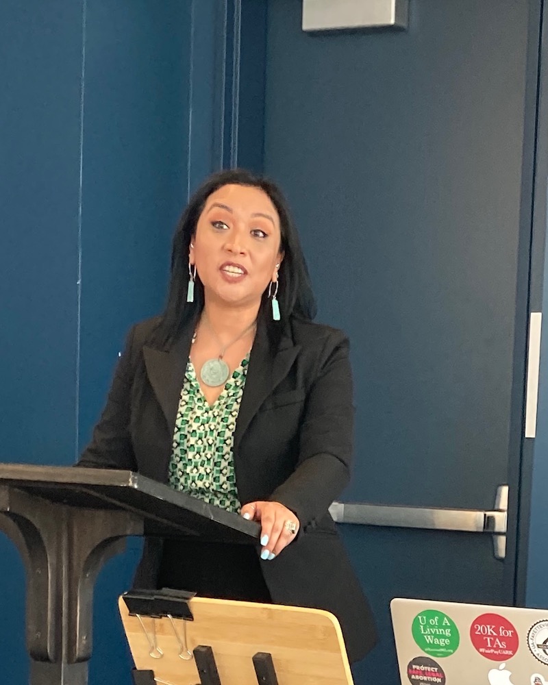 Magaly Licolli, executive director and co-founder of the poultry worker organization Venceremos, speaks at the April 8, 2023, NWA Labor Spring Teach-In at the Fayetteville Public Library.