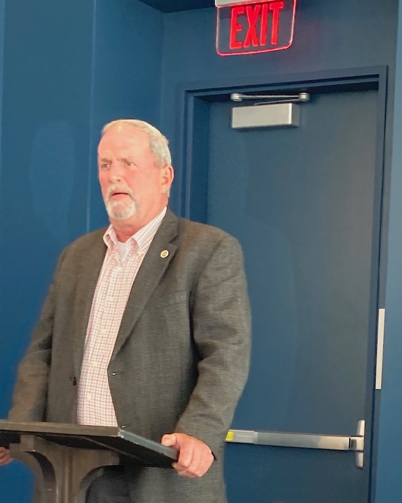 Pete Reagan, the 14th District field service rep for the International Association of Fire Fighters, speaks at the April 8, 2023, NWA Labor Spring Teach-In at the Fayetteville Public Library.