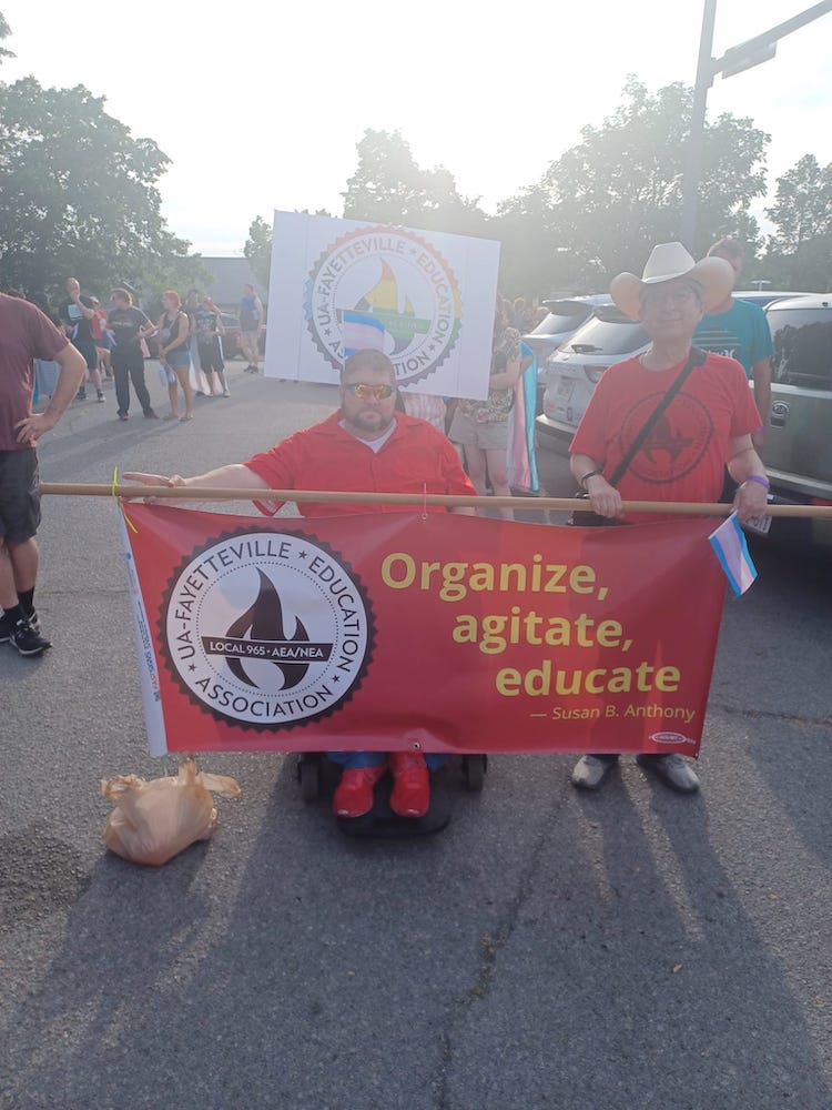 Local 965 President Hershel Hartford and Vice President Ben Pollock line up for the June 23, 2025 NWA Trans March. Photo by Chad Kieffer