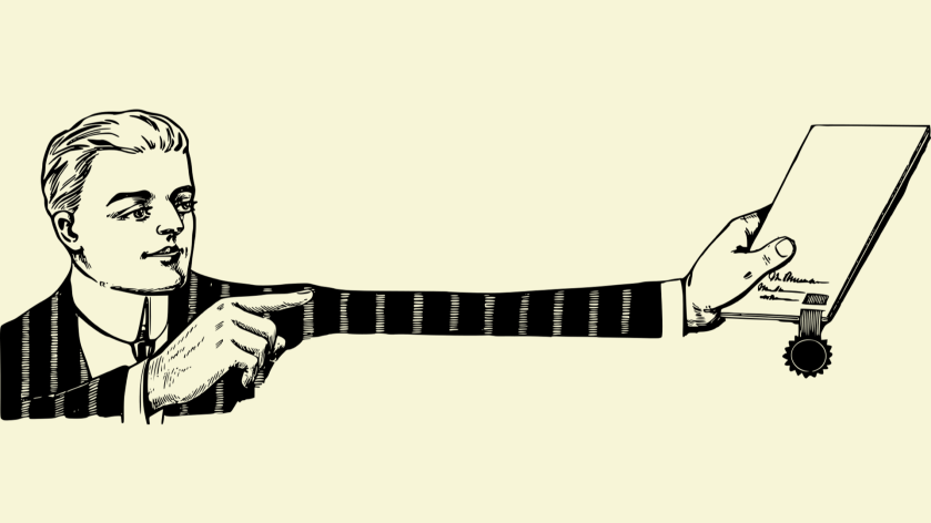 Illustration of a 1920s man pointing at a document with signatures and a seal