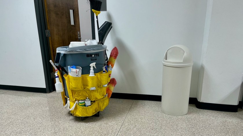Custodian's equipment cart in a University of Arkansas building