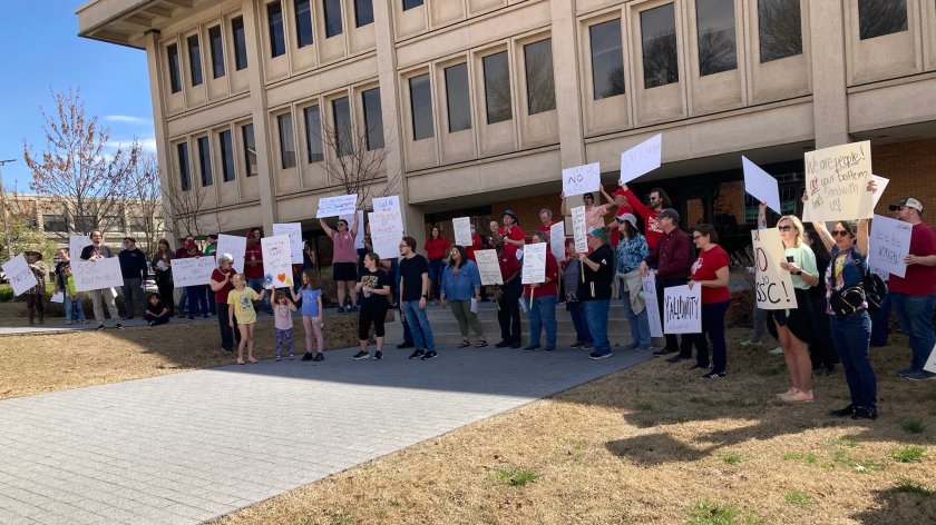 The Local 965 Rally and March Against Outsourcing ends at the UA Administration Building.