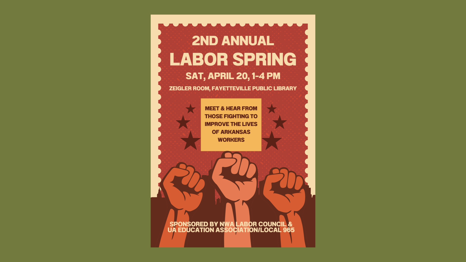 Poster for the NWA Labor Spring on April 20, 2024