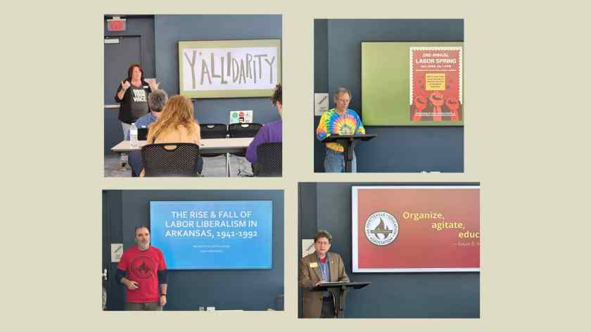 The 2nd annual Northwest Arkansas Labor Spring Teach-In featured seven speakers April 20, 2024 at the Fayetteville Public Library. They included AEA President April Reisma, NWA Central Labor Council President Walter Hinojosa, Local 965 board member Michael Pierce and 965 Vice President Ben Pollock.