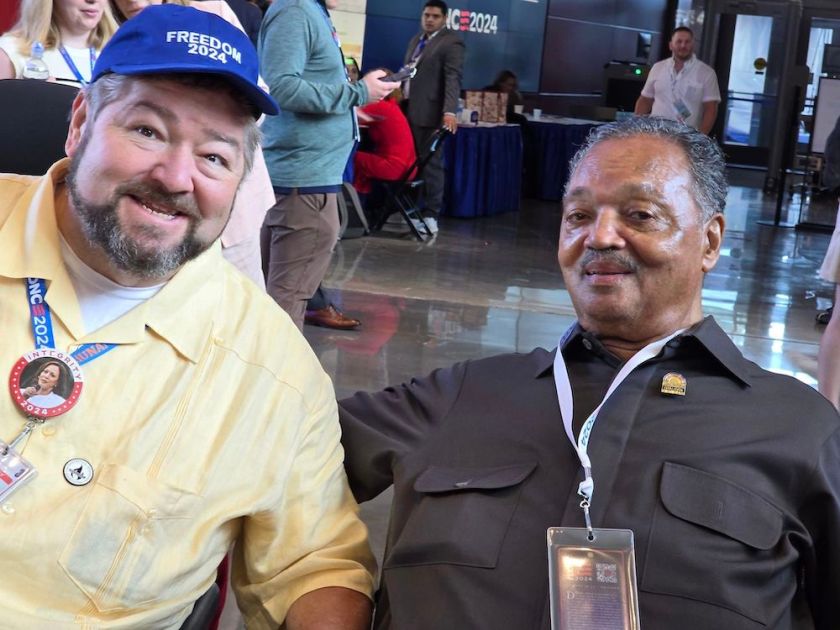 Local 965 President Hershel Hartford meets the Rev. Jesse Jackson at the 2024 Democratic National Convention in Chicago.