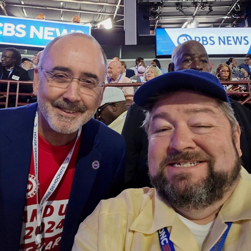 Local 965 President Hershel Hartford meets UAW President Shawn Fain at the 2024 Democratic National Convention in Chicago.