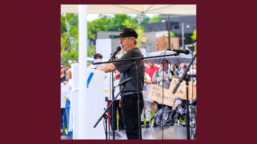 Walter Hinojosa, president of the NWA Central Labor Council, addresses the Fayetteville, Arkansas, No Kings Day of Defiance rally Saturday, June 14, 2025.