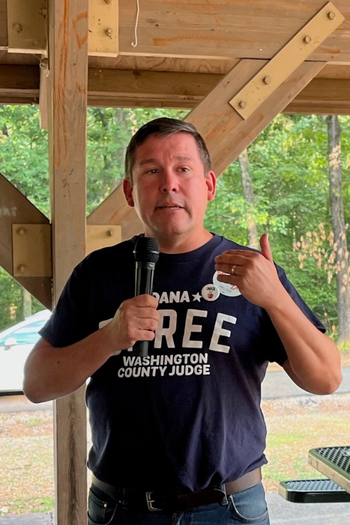 Dana Deree, a Democratic candidate for Washington County Judge (county executive) speaks Sept. 1, 2025, at Labor's Labor Day picnic at Fayetteville's Veterans Memorial Park.