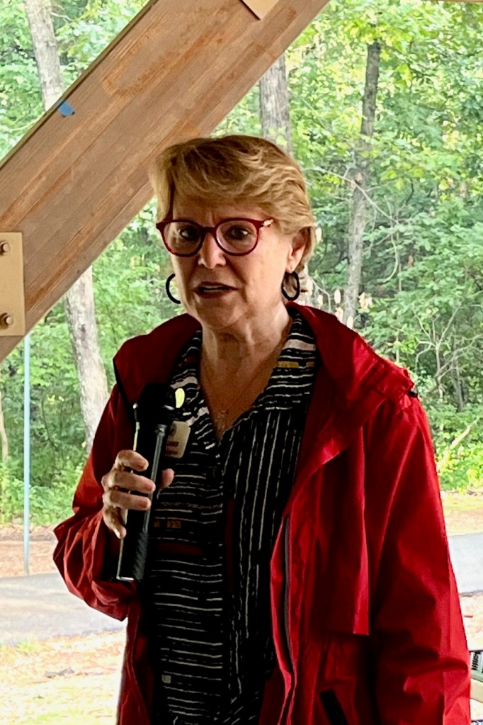 State Rep. Denise Firmin Garner, D-District 20 and a candidate for Arkansas Senate District 30, speaks Sept. 1, 2025, at Labor's Labor Day picnic at Fayetteville's Veterans Memorial Park.