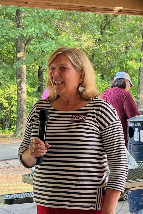 Judge Diane Warren of Division 8 of the 4th Judicial District of Arkansas (Washington and Madison counties), running for re-election, speaks Sept. 1, 2025, at Labor's Labor Day picnic at Fayetteville's Veterans Memorial Park.