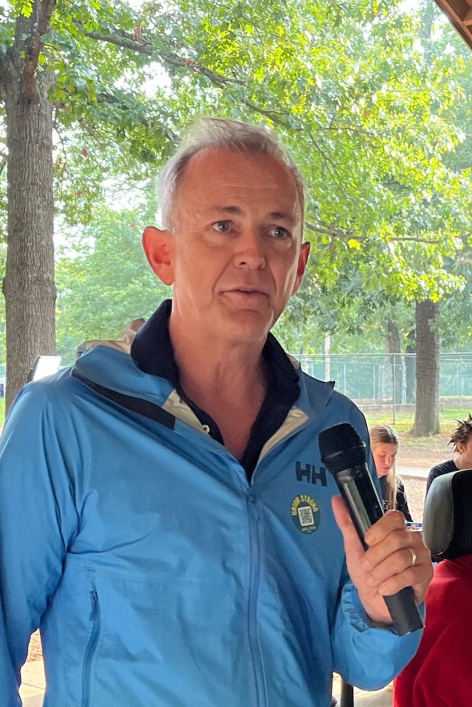 Jamie Atkinson, a Democratic candidate for Arkansas House District 19, speaks Sept. 1, 2025, at Labor's Labor Day picnic at Fayetteville's Veterans Memorial Park.