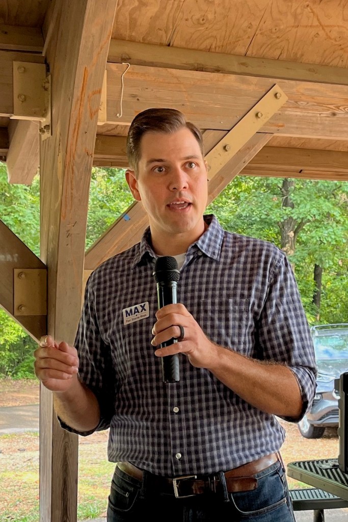 Max Deitchler, a Democratic candidate for Arkansas House District 20, speaks Sept. 1, 2025, at Labor's Labor Day picnic at Fayetteville's Veterans Memorial Park.