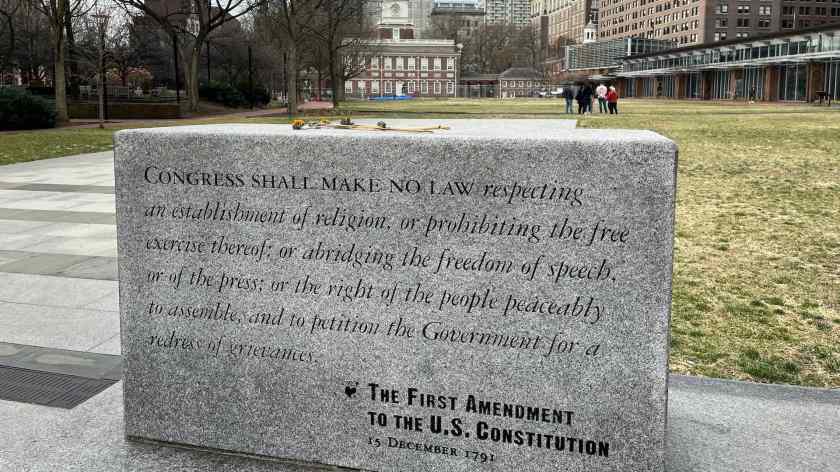 Monument to First Amendment across from Independence Hall in Philadelphia