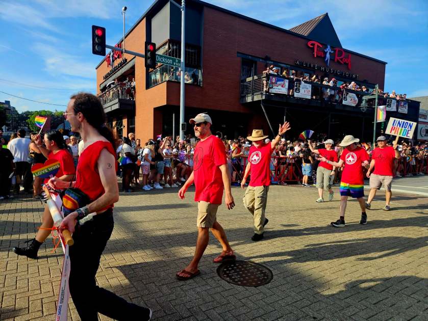 Members of UA-Fayetteville Education Association / Local 965 once again join the 2026 Northwest Arkansas Pride Parade in Fayetteville on June 27. Photo by Denise Garner.
